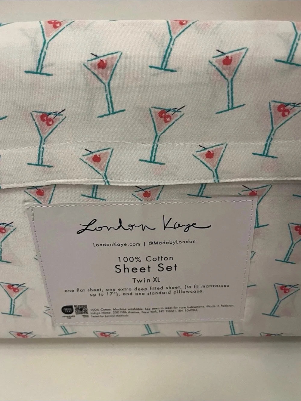 London Kaye Twin XL Size Cotton Sheet Set Martini Glasses Print White Pink Green